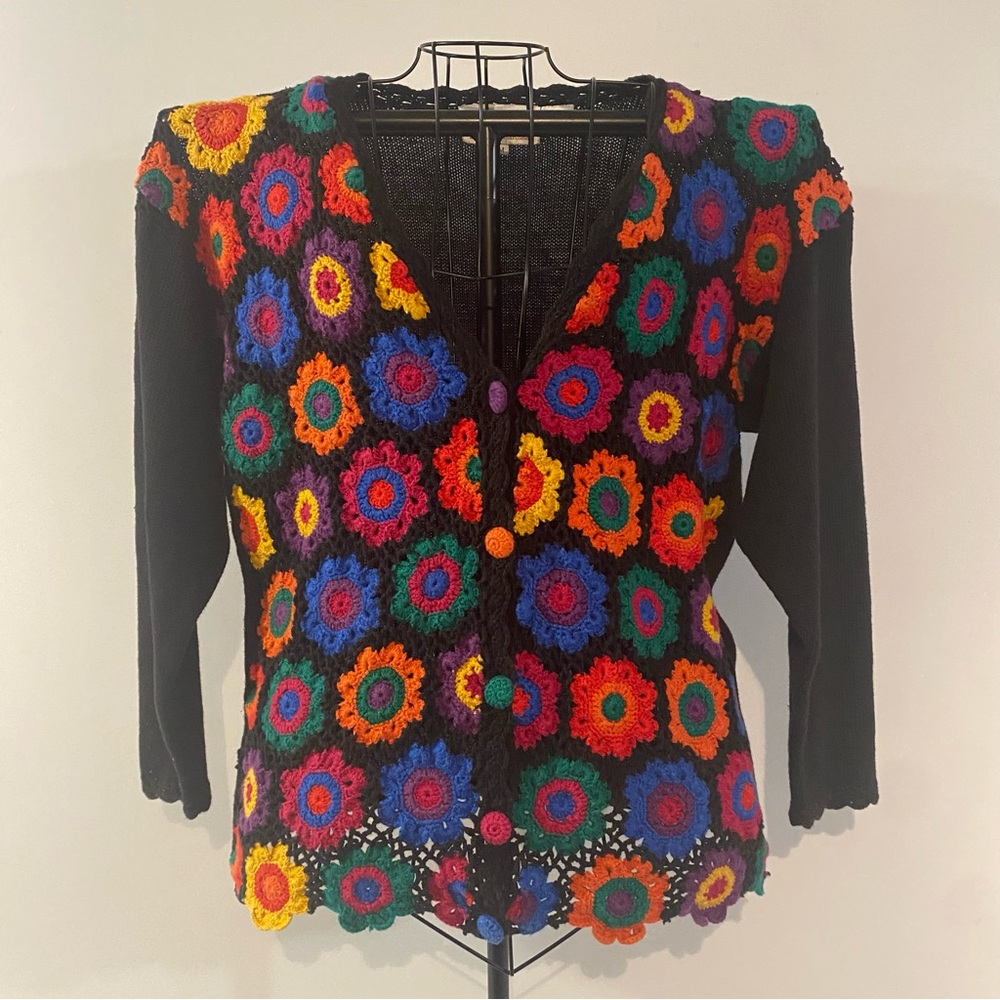 The Import Workshop Granny Crochet Front Button Multicolor Ramie Sweater Size M
